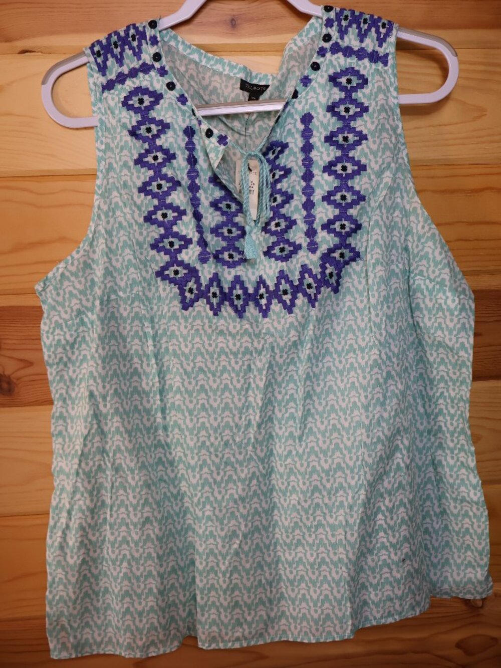 NWT Talbots Embroidered Sleeveless Blouse Teal White Purple XL Boho Top